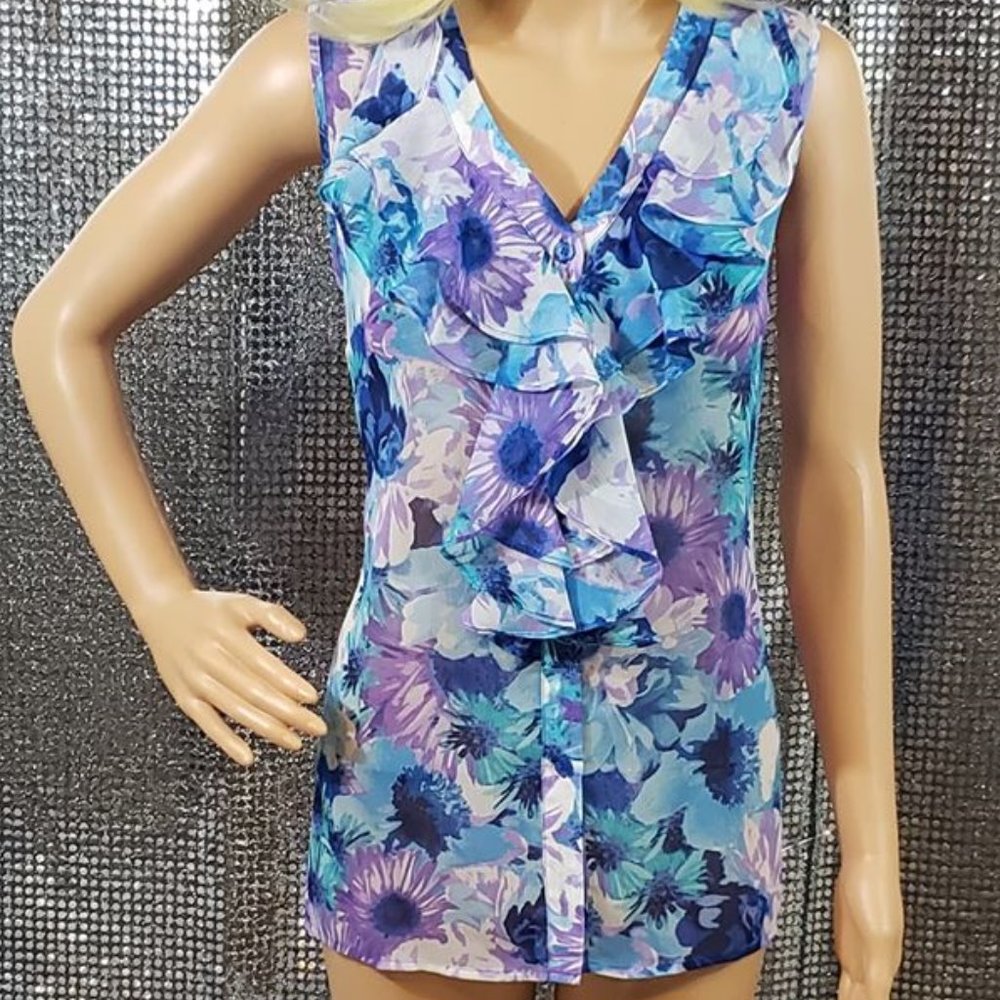 Purple + Blue Daisy Ruffle Button Up Blouse NWT